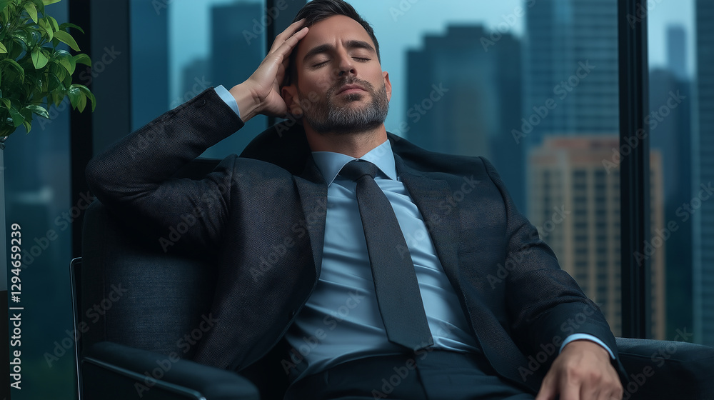 A man in a suit is sitting in a chair with his head on his hand