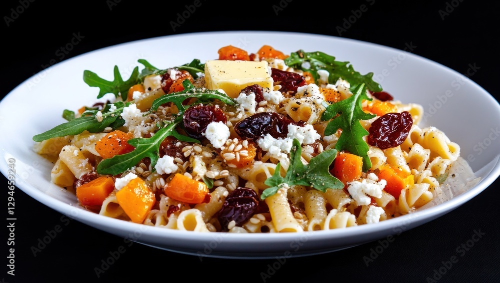 Autumnal pasta salad with pumpkin, dried cranberries, and feta cheese. Autumnal pasta salad with pumpkin, dried cranberries, and feta cheese.
