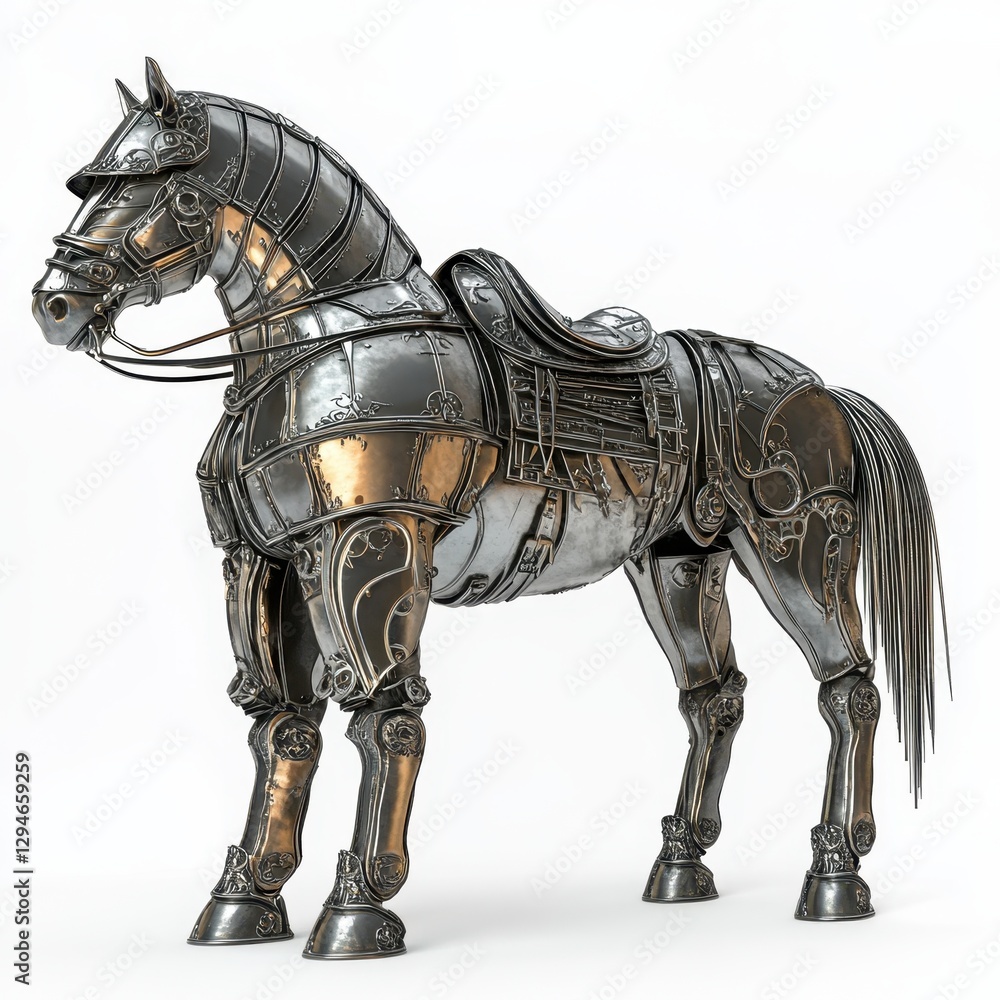 Majestic Armored Charger: Stunning Side View of a Metallic War Horse Against a Clean White Backdrop Majestic Armored Charger: Stunning Side View of a Metallic War Horse Against a Clean White Backdrop