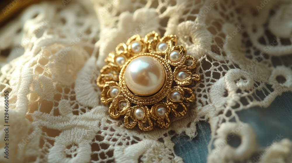 Obraz premium Elegant vintage brooch on lace background, soft light