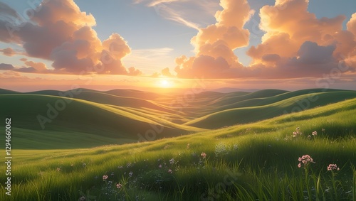 Rolling Green Hills Under a Golden Sunset Sky