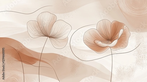 Fototapeta Naklejka Na Ścianę i Meble -  Two delicate, outlined flowers on a soft, abstract, swirling beige background