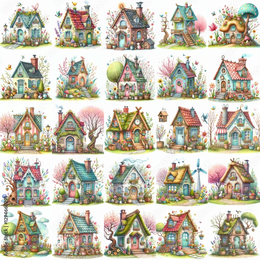 Obraz premium Watercolor Spring House. AI generated illustration