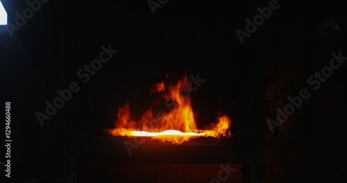 Kindled fire in the blacksmith's furnace, close-up. A strong flame breaks out of the furnace and rises up. There are no people in the video. 4k video, red komodo