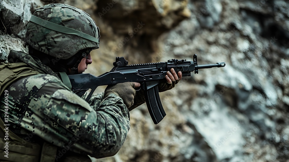 Fototapeta premium Soldier is holding a rifle and wearing a camouflage jacket. Concept of danger and war