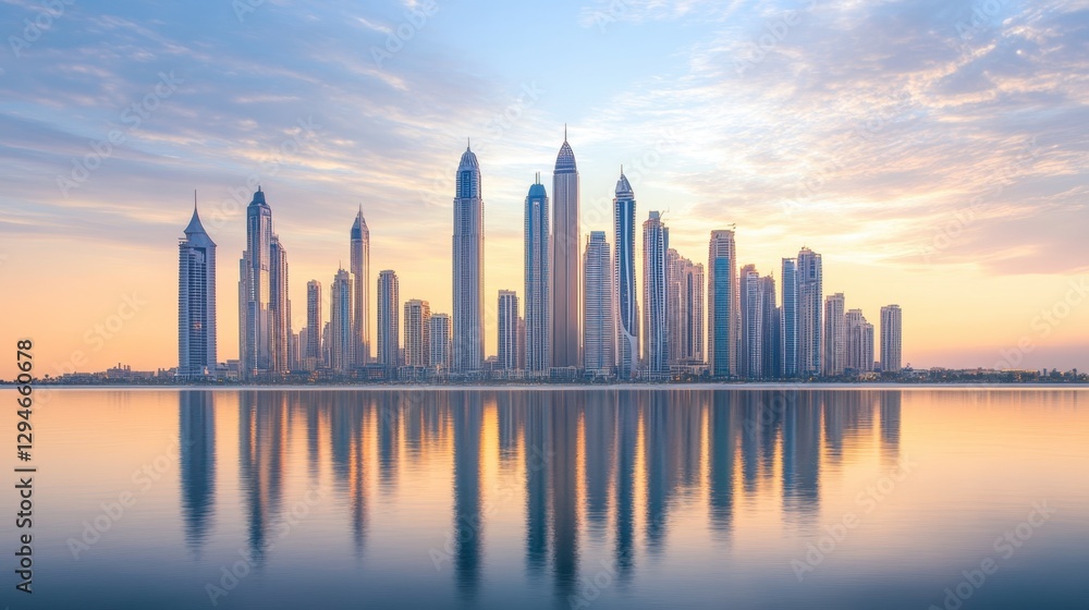 Obraz premium The city skyline at dusk, where high-rise apartment buildings meet the horizon, reflecting the last rays of the sun.