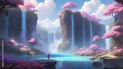 Fantasy Landscape of Floating Islands with Lush Flowers and Waterfalls
