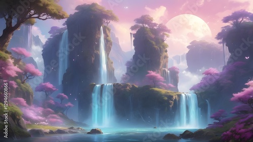 Fantasy Landscape of Floating Islands with Lush Flowers and Waterfalls