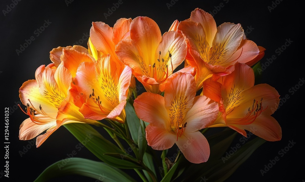 Fototapeta premium Fresh and vibrant bouquet of orange and yellow flowers in full bloom, softly illuminated to enhance their natural beauty and lively colors