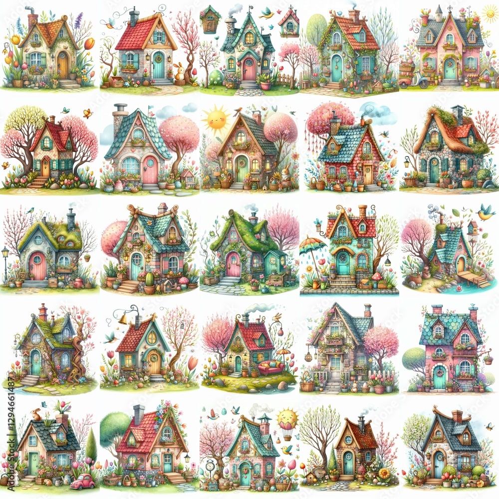 Naklejka premium Watercolor Spring House. AI generated illustration