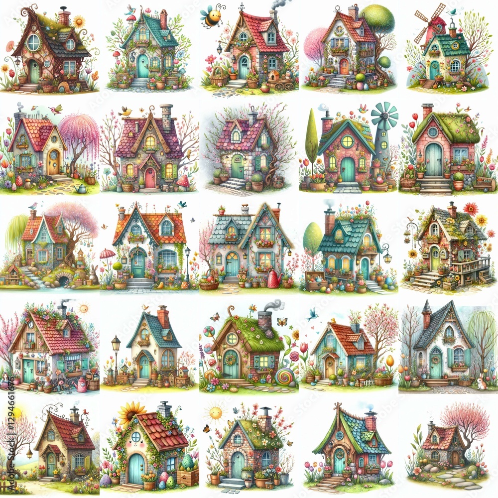 Fototapeta premium Watercolor Spring House. AI generated illustration