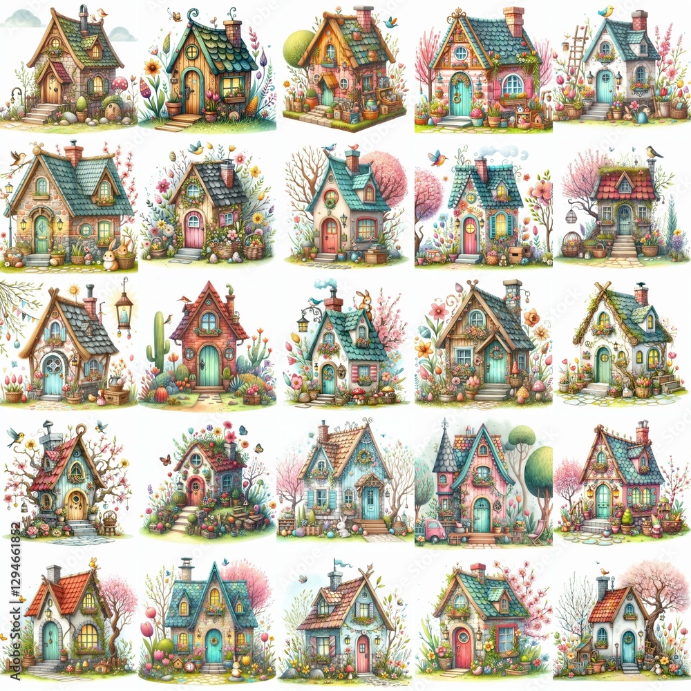 Naklejka premium Watercolor Spring House. AI generated illustration