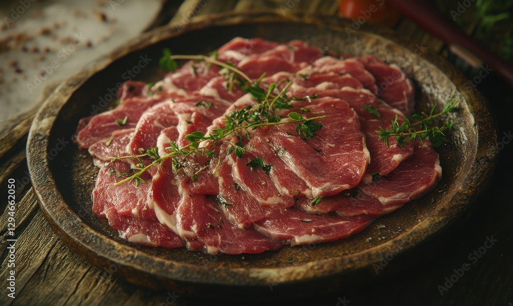 Freshly sliced beef arranged on a rustic ceramic plate, garnished with herbs, soft natural light emphasizing its rich textures and inviting tones Freshly sliced beef arranged on a rustic ceramic plate, garnished with herbs, soft natural light emphasizing its rich textures and inviting tones