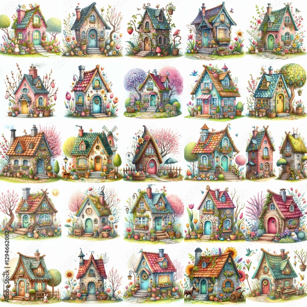 Fototapeta premium Watercolor Spring House. AI generated illustration