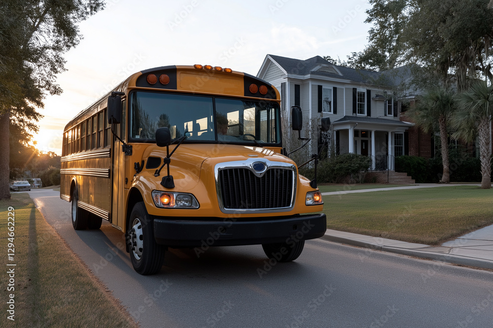 Obraz premium A yellow school bus is driving down a street