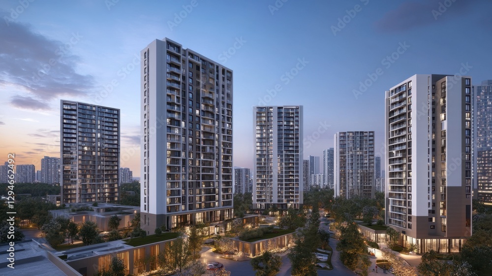 Obraz premium The transition from day to night in a modern metropolis, featuring high-rise residential buildings with twinkling lights.