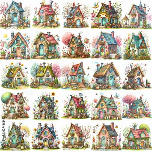 Watercolor Spring House. AI generated illustration