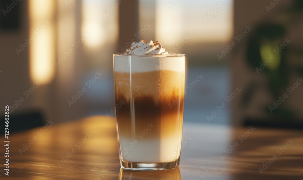 Glass of iced coffee with layers of milk and coffee blending, topped with whipped cream, soft natural light creating a cozy drink presentation Glass of iced coffee with layers of milk and coffee blending, topped with whipped cream, soft natural light creating a cozy drink presentation