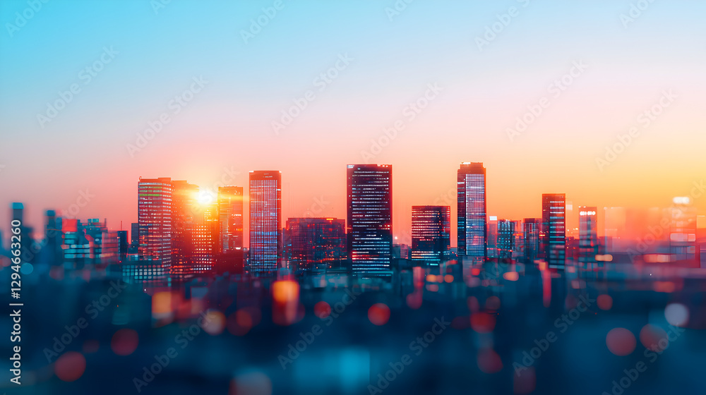 Obraz premium Sunrise over urban skyline cityscape photography morning aerial view modern vibes