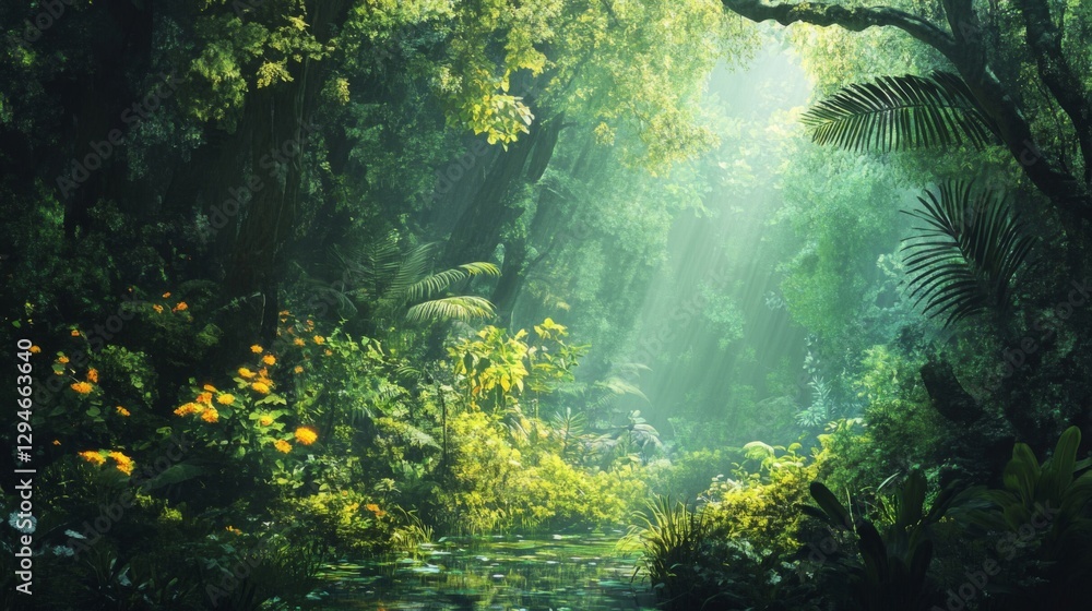 Lush Green Tropical Jungle Path with Sunlight Rays Lush Green Tropical Jungle Path with Sunlight Rays