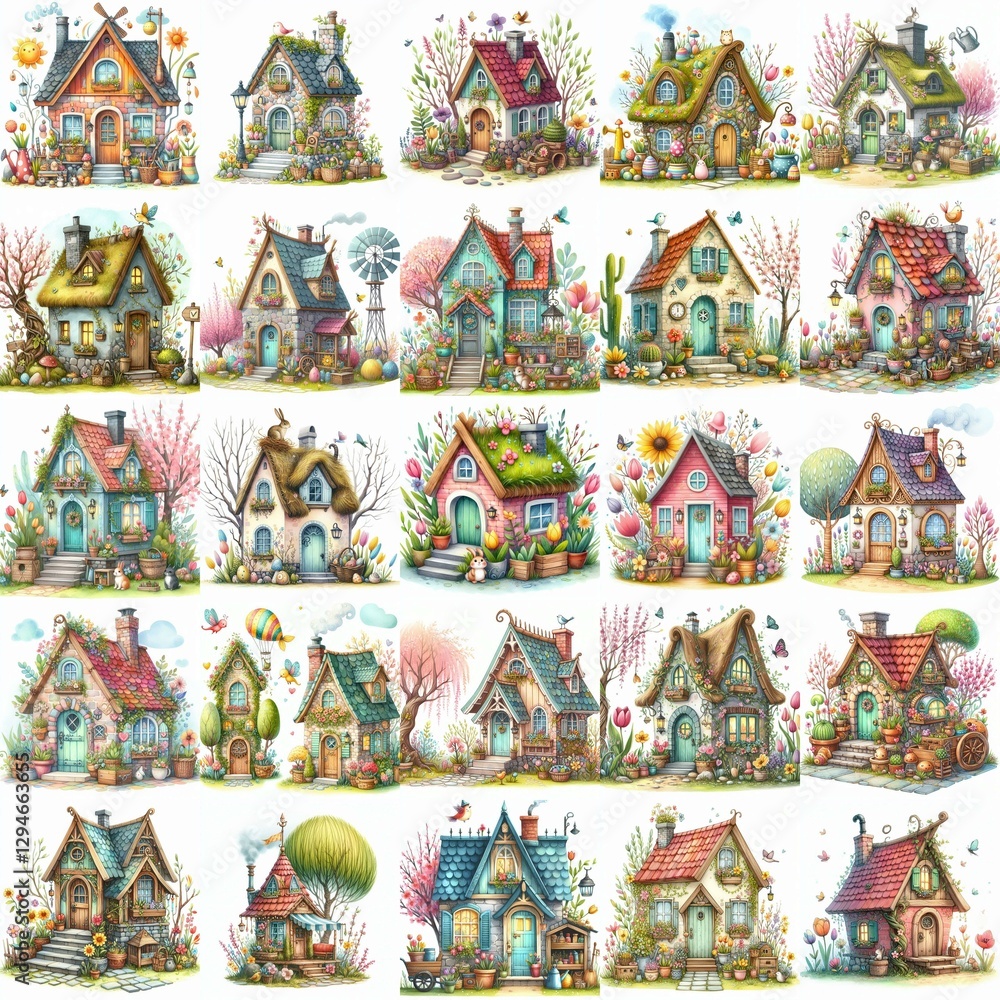 Naklejka premium Watercolor Spring House. AI generated illustration