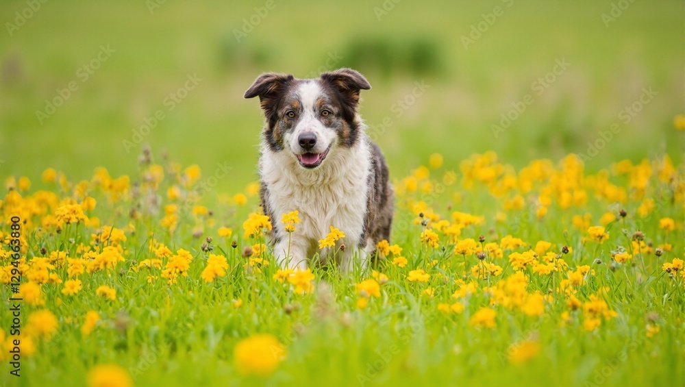 Energetic border collie in vibrant flower field Energetic border collie in vibrant flower field