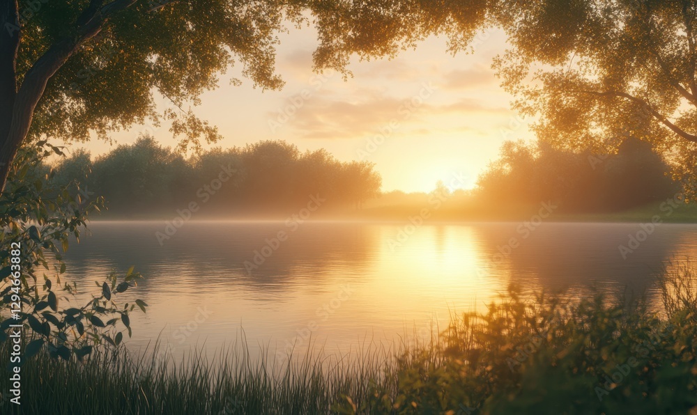 Sunset over calm lake surrounded by trees and grass. Sunset over calm lake surrounded by trees and grass.