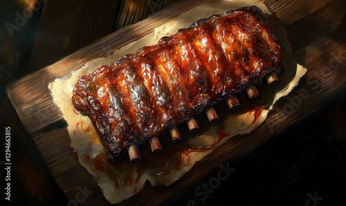 Wallpaper Mural Gourmet barbecue ribs glazed with a rich sauce resting on a wooden board illuminated by soft glowing light, evoking indulgence and flavor Torontodigital.ca