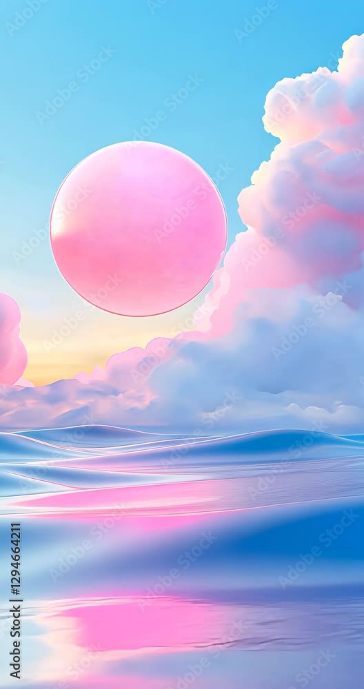 Pink Sphere Over Pastel Ocean and Clouds Pink Sphere Over Pastel Ocean and Clouds