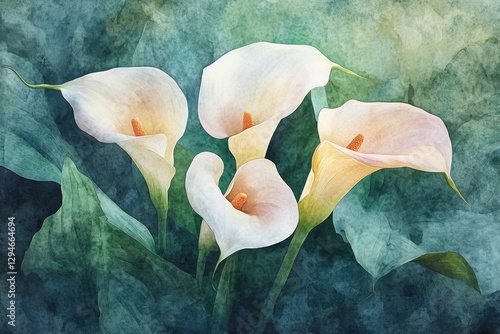 Fototapeta Naklejka Na Ścianę i Meble -  Watercolor Artwork Featuring Radiant Calla Lily Blossoms in Full Bloom