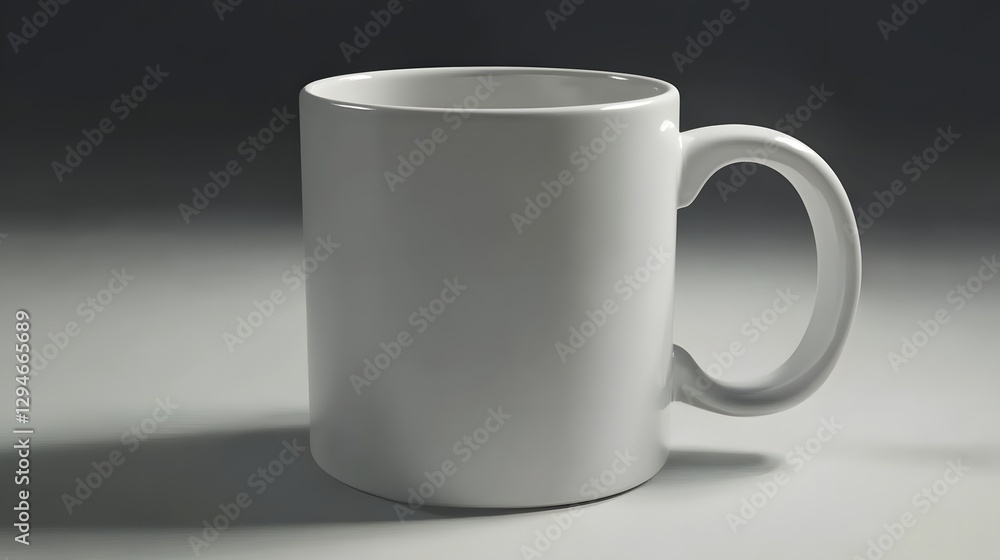 Obraz premium A pristine white coffee mug on a softly lit surface, showcasing its smooth finish and design potential