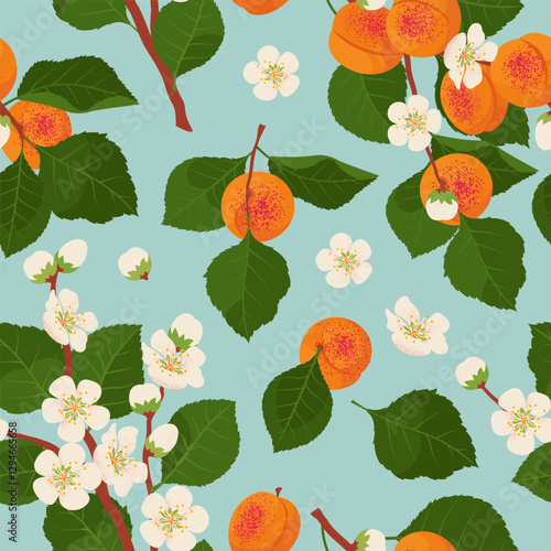 Blossoming apricot branches in a seamless pattern. Hand drawn Vector illustration in flat style.