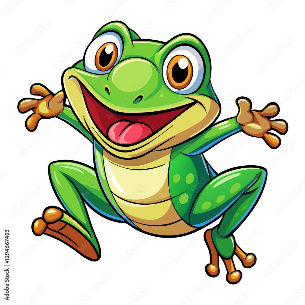 Obraz premium Happy cartoon frog jumping forward on transparent background