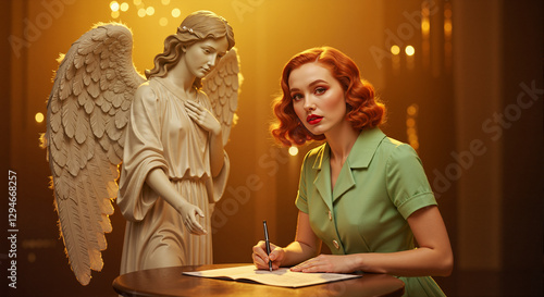 Graceful woman in vintage attire signs a glowing contract with a radiant angel in a warm, ethereal setting. Concept of divine guidance, faith, destiny, and moral choices in life.
