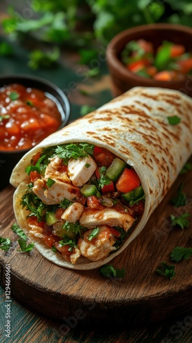 Delicious chicken wrap filled with fresh vegetables and herbs served with salsa on wooden board