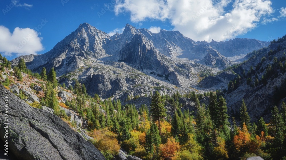 Majestic Granite Peaks and Autumnal Forest Landscape Majestic Granite Peaks and Autumnal Forest Landscape