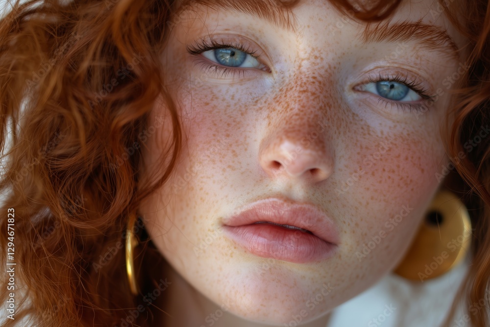 portrait captures an effortlessly natural look with dewy skin, soft freckles, and delicate blue eyeliner. The model’s loose waves frame her face, complementing the organic, undone feel