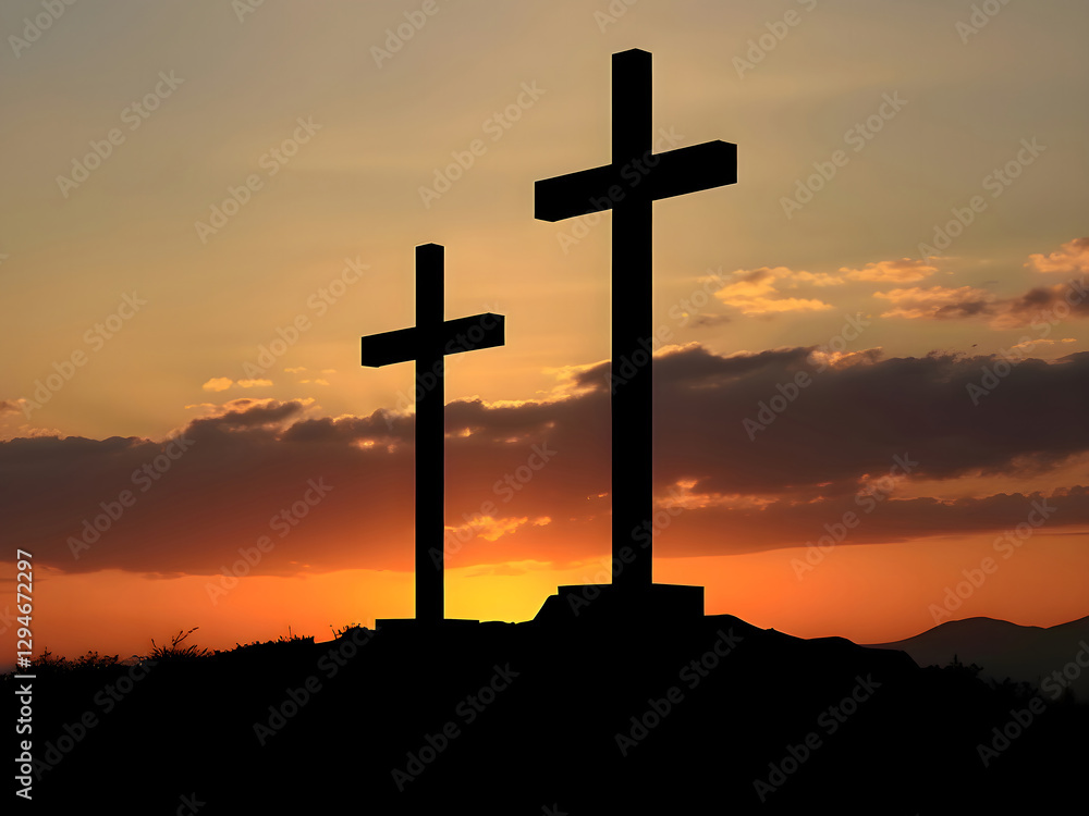 Silhouette of Two Crosses at Sunset Silhouette of Two Crosses at Sunset