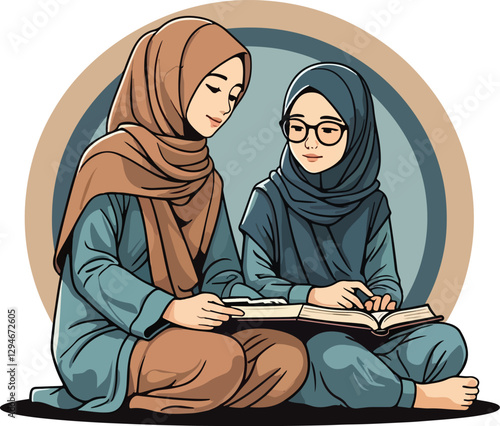 Adobe Illustrator Artwork Flat Illustration Anime Manga Style of Mother and Daughter Read and study Alquran. Islamic Style for Ramadan Kareem