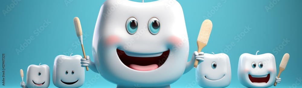 Tooth character with toothbrush isolated on blue background with copy space. 3d illustration. Dental concept with copy space