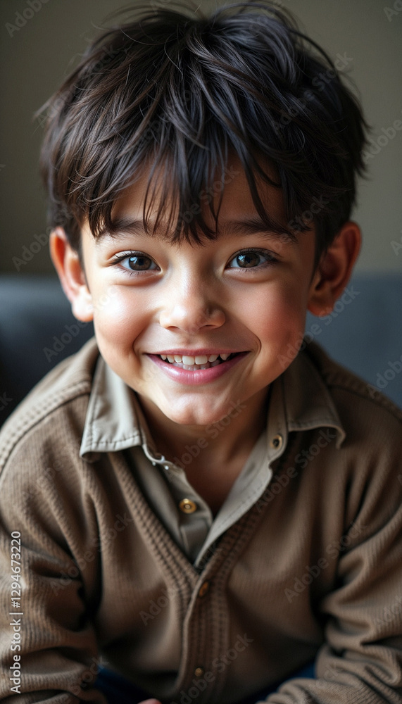 Smiling young boy in brown sweater looking at camera indoors Smiling young boy in brown sweater looking at camera indoors