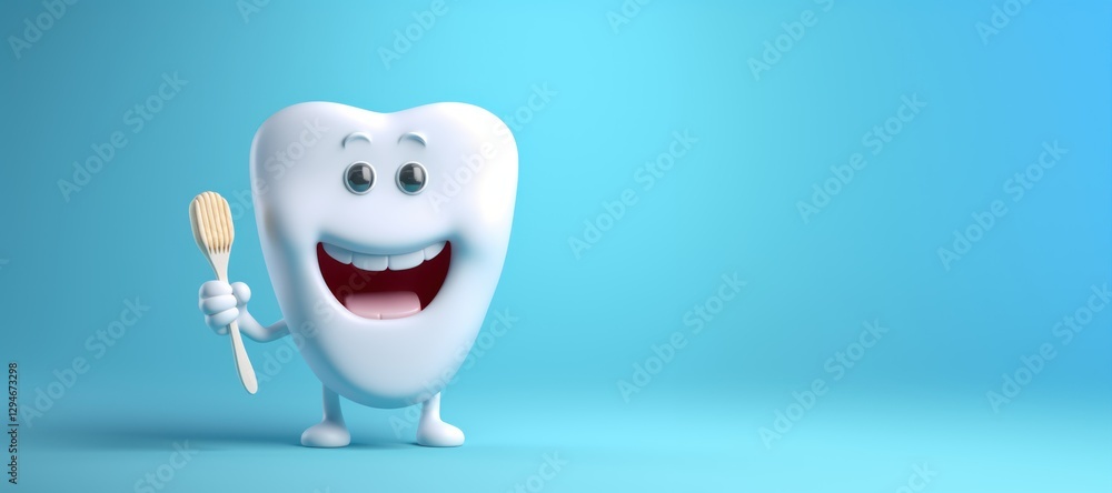 Tooth character with toothbrush isolated on blue background with copy space. 3d illustration. Dental concept with copy space Tooth character with toothbrush isolated on blue background with copy space. 3d illustration. Dental concept with copy space