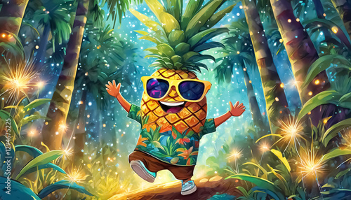 Happy Pineapple Dancing in Sunglasses in Enchanted Forest
