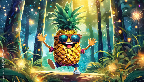 Happy Pineapple Dancing in Sunglasses in Enchanted Forest