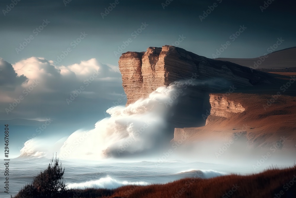 Fototapeta premium Spectacular Pacific Coastline: Majestic Cliffs and Dynamic Ocean Waves at Sunset