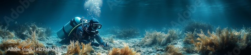 A diver kneeling on the seabed surrounded by ocean plants inspecting underwater features. Generative AI