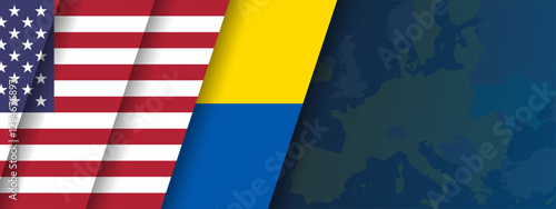 Ukraine UA, USA united States American flags and Europe map background, web, banner, wallpaper for text. Business deal, negotiations, war, invasion, sanctions partnership 