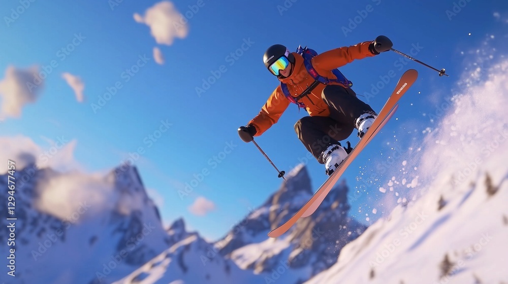 A person in the air on skis. Skier jumping freeride in the mountains. Generative ai in blue sky. An individual airborne on skis lifestyle. A person in the air on skis. Skier jumping freeride in the mountains. Generative ai in blue sky. An individual airborne on skis lifestyle.