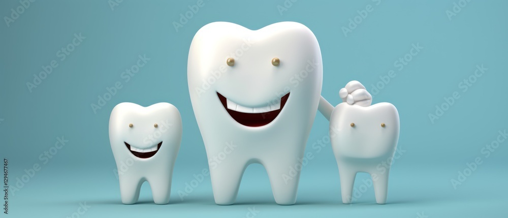 Tooth character with toothbrush isolated on blue background with copy space. 3d illustration. Dental concept with copy space Tooth character with toothbrush isolated on blue background with copy space. 3d illustration. Dental concept with copy space
