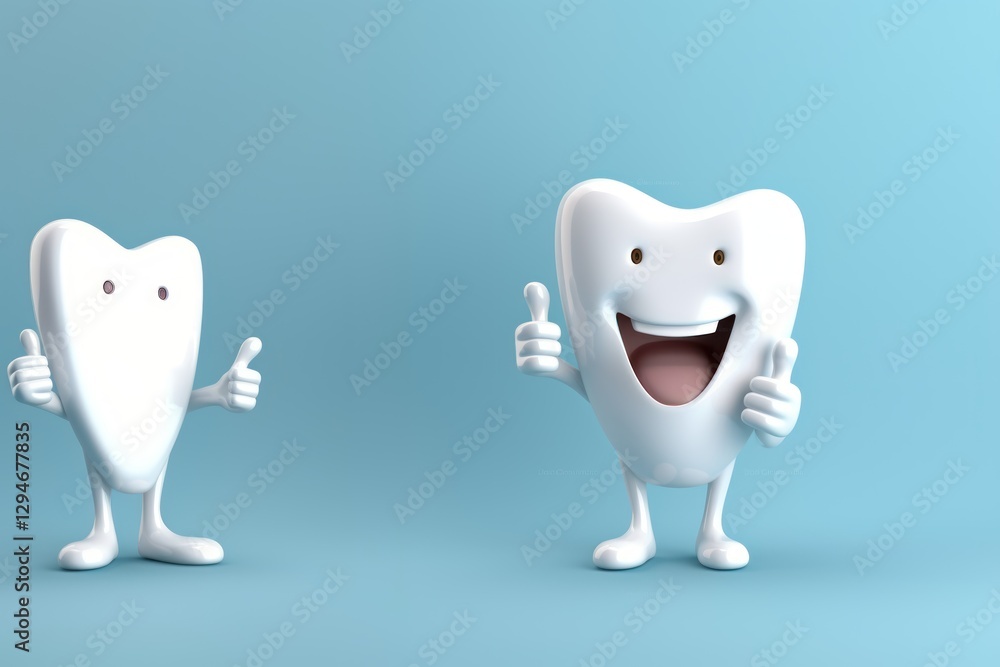 Tooth character with toothbrush isolated on blue background with copy space. 3d illustration. Dental concept with copy space Tooth character with toothbrush isolated on blue background with copy space. 3d illustration. Dental concept with copy space